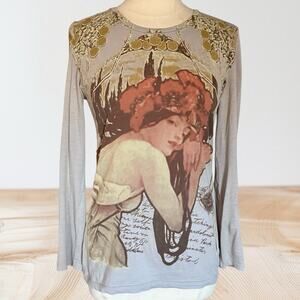 Idylle Organic Cotton Art to Wear Tee Sz S 36B Romantic Italy Long Sleeve Top